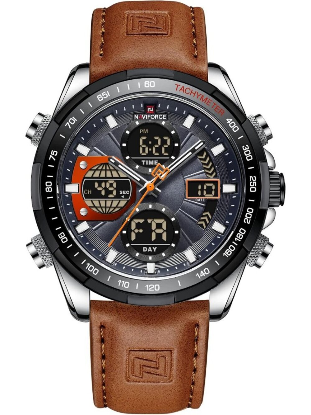 Men's Silver Gray Military Digital Analog Quartz Waterproof Leather Wrist Watch